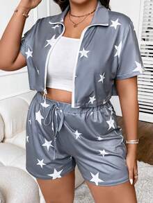 Flirla 大碼星星印花拉鏈開襟夾克和腰部打結短褲 - 灰色 - 查看 5