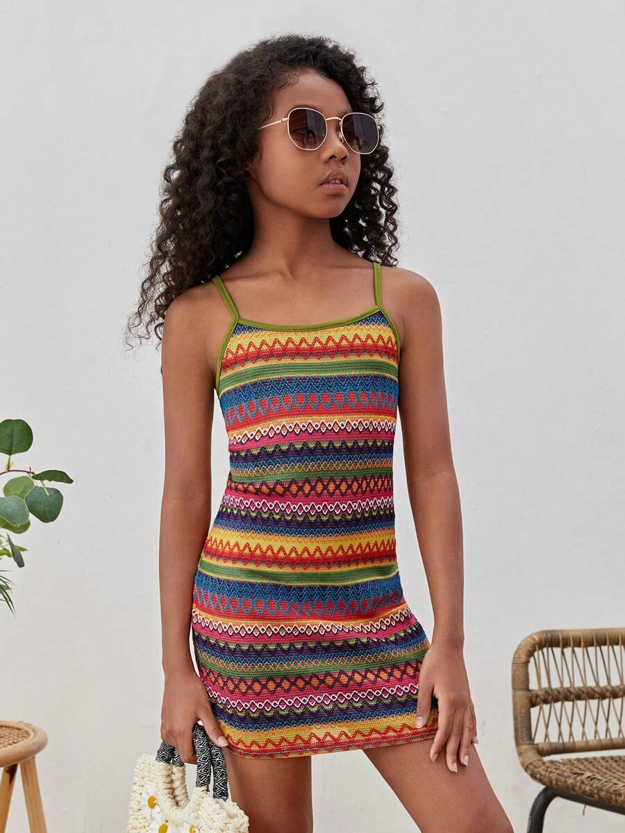 SHEIN Tween Girl Geo Pattern Cami Dress - Multicolor - View 1