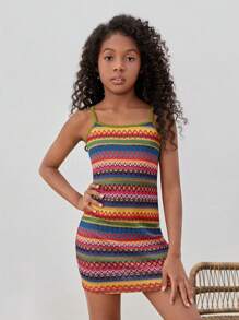 SHEIN Tween Girl Geo Pattern Cami Dress - Multicolor - View 3