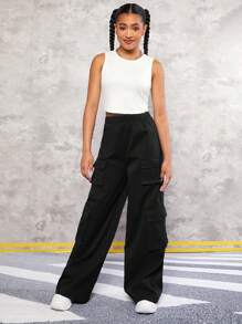SHEIN Teen Girl Solid Tank Top & Flap Pocket Side Cargo Pants