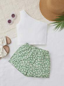 SHEIN Tween Girl One Shoulder Top & Daisy Floral Print Shorts - Multicolor - View 1