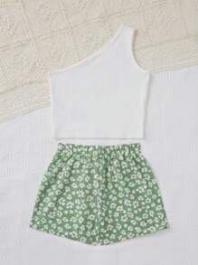 SHEIN Tween Girl One Shoulder Top & Daisy Floral Print Shorts - Multicolor - View 2