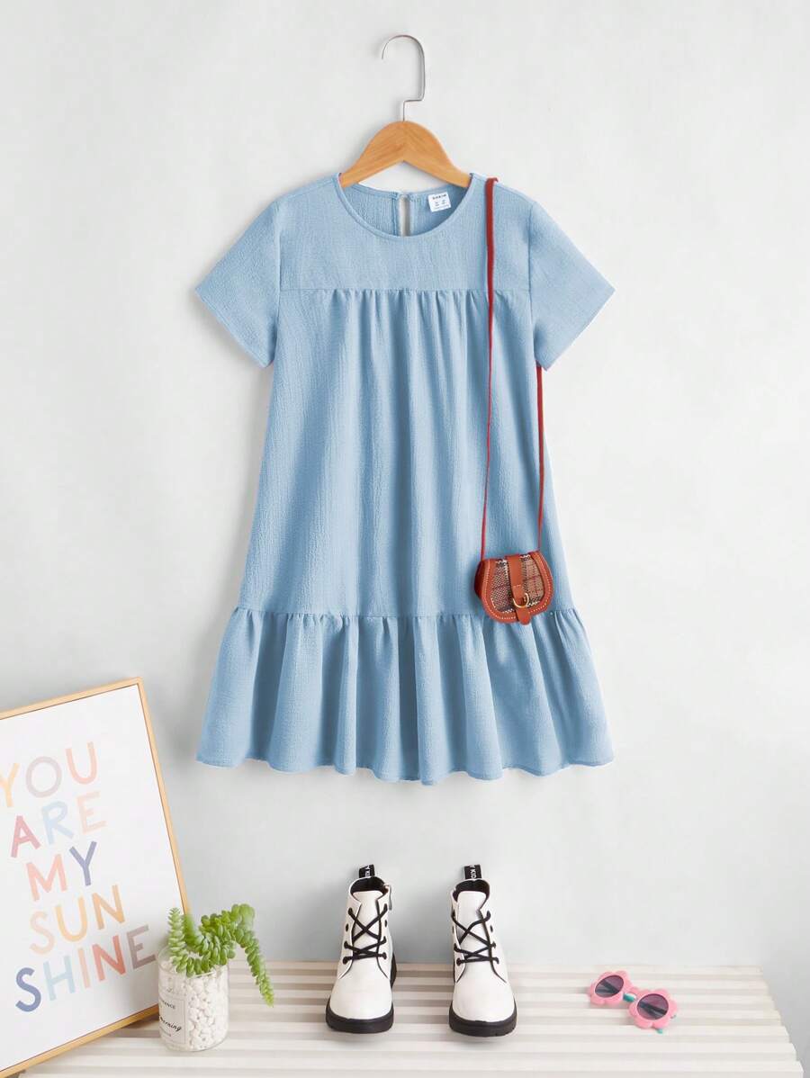 SHEIN Tween女孩鬆身質感圓領純色荷葉邊嬰兒裝洋裝 - 淺藍色 - 查看 1
