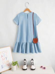 SHEIN Tween女孩鬆身質感圓領純色荷葉邊嬰兒裝洋裝 - 淺藍色 - 查看 2