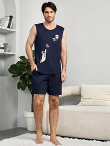 SHEIN Mężczyźni Grafika rysunkowa Zestaw Pidżamersów - Granatowy - Zobacz 4