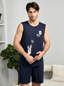 SHEIN Mężczyźni Grafika rysunkowa Zestaw Pidżamersów - Granatowy - Zobacz 6