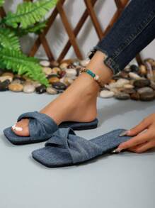 Women Twist Detail Slide Sandals - Blue - View 1