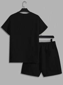 Manfinity VCAY Men Solid Tee & Drawstring Waist Shorts Summer Outfit - Black - View 2