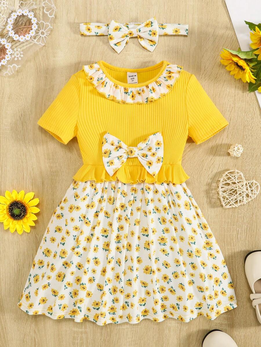 SHEIN Young Girl Ditsy Floral Print Ruffle Trim Bow Front Dress & Headband - Yellow - View 1