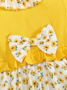 SHEIN Young Girl Ditsy Floral Print Ruffle Trim Bow Front Dress & Headband - Yellow - View 3