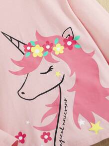 SHEIN 少女針織純色獨角獸印花圓領長袖T恤 - 淺粉色 - 查看 3