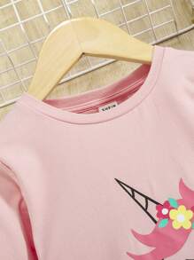 SHEIN 少女針織純色獨角獸印花圓領長袖T恤 - 淺粉色 - 查看 4
