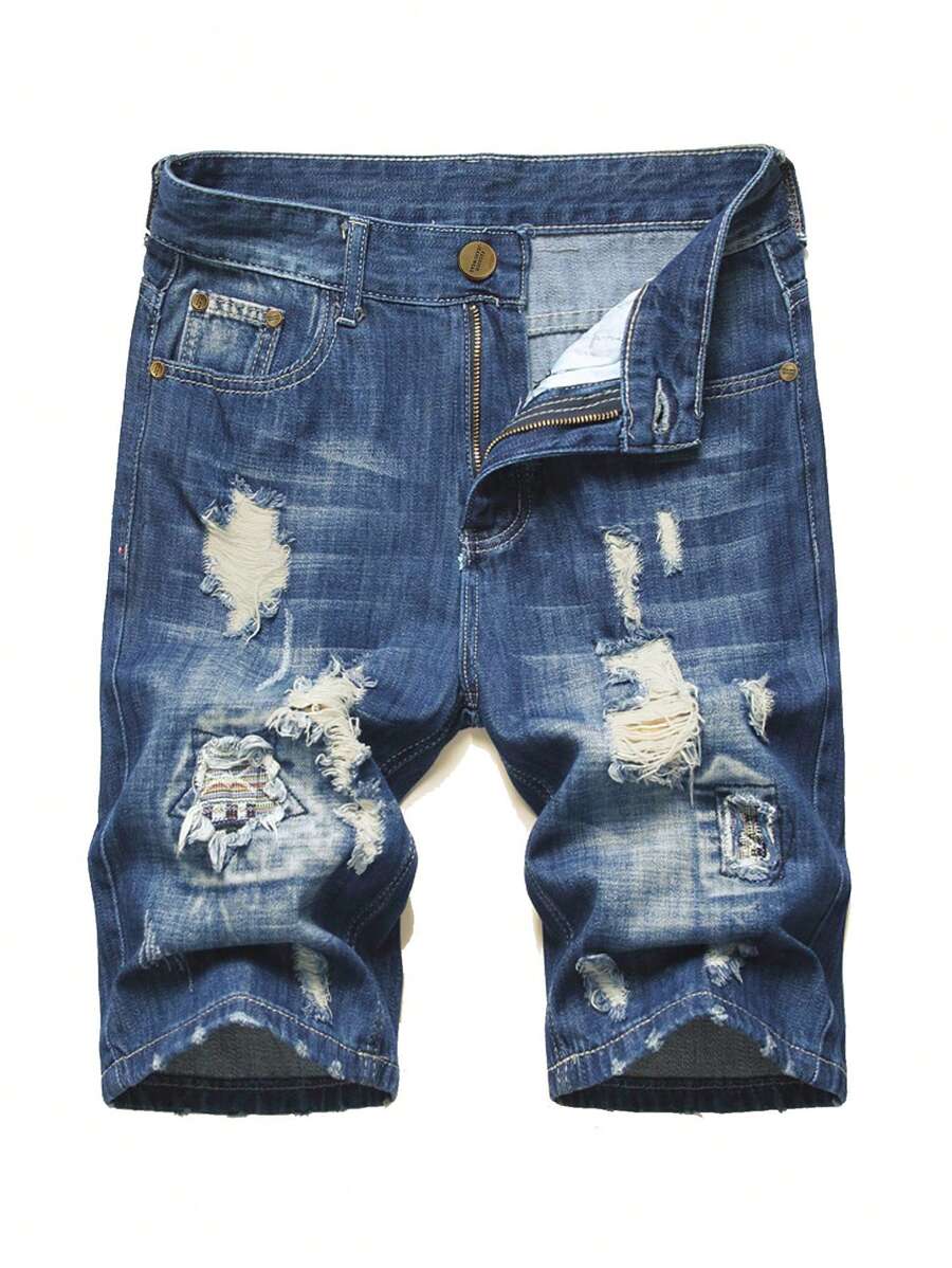 Nam Quần short Denim Bông Rách Đã vá - Rửa trung bình - Xem 1