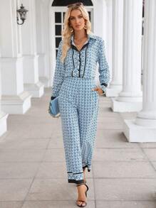 Aveloria 滿版印花撞色滾邊襯衫和褲子 - 彩色 - 查看 5