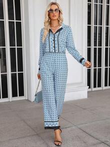 Aveloria 滿版印花撞色滾邊襯衫和褲子 - 彩色 - 查看 3