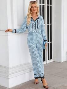 Aveloria 滿版印花撞色滾邊襯衫和褲子 - 彩色 - 查看 4