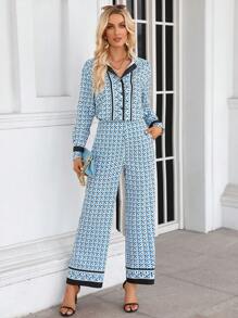 Aveloria 滿版印花撞色滾邊襯衫和褲子 - 彩色 - 查看 6