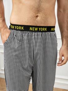 男士纯色 T 恤和格子印花裤睡衣套装 / 睡衣套装 - 黑與白 - 查看 2