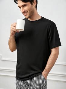 男士纯色 T 恤和格子印花裤睡衣套装 / 睡衣套装 - 黑與白 - 查看 5