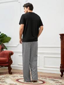 男士纯色 T 恤和格子印花裤睡衣套装 / 睡衣套装 - 黑與白 - 查看 6