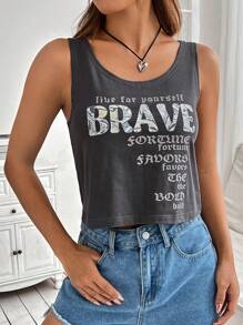 SHEIN EZwear 標語圖案背心上衣 - 灰色 - 查看 6