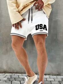 Aesthetic Post--Men Letter Graphic Striped Trim Drawstring Waist Shorts - White - View 1