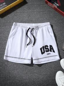 Aesthetic Post--Men Letter Graphic Striped Trim Drawstring Waist Shorts - White - View 5
