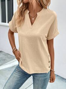 EMERY ROSE Notched Neck Button Detail Dolman Sleeve Blouse - Khaki - View 1