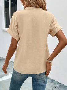 EMERY ROSE Notched Neck Button Detail Dolman Sleeve Blouse - Khaki - View 2