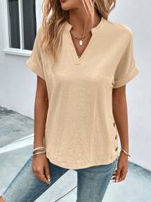 EMERY ROSE Notched Neck Button Detail Dolman Sleeve Blouse - Khaki - View 5