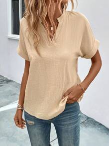 EMERY ROSE Notched Neck Button Detail Dolman Sleeve Blouse - Khaki - View 6