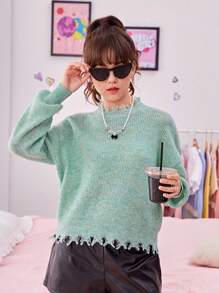 SHEIN Teen Girl Drop Shoulder Distressed Trim Sweater - Mint Green - View 1