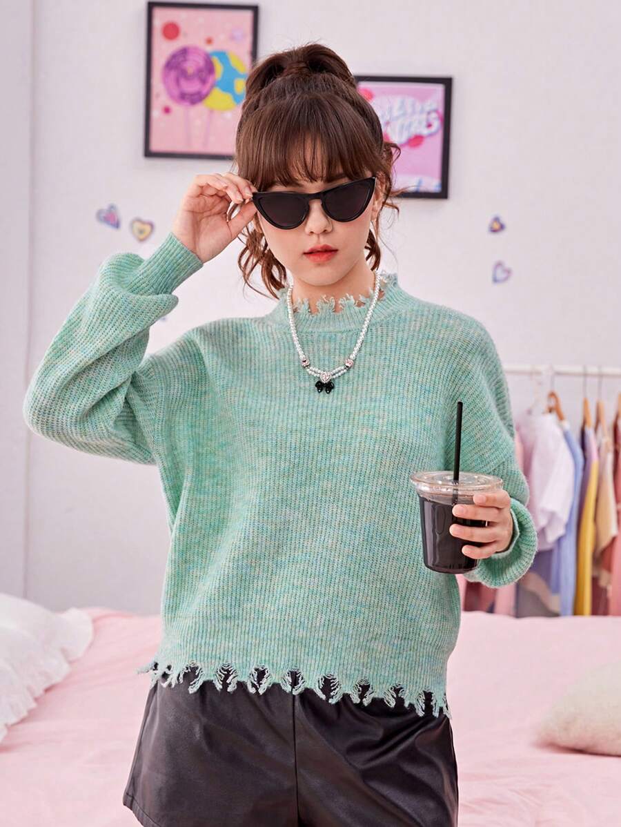 SHEIN Teen Girl Drop Shoulder Distressed Trim Sweater - Mint Green - View 1