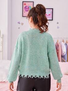 SHEIN Teen Girl Drop Shoulder Distressed Trim Sweater - Mint Green - View 2