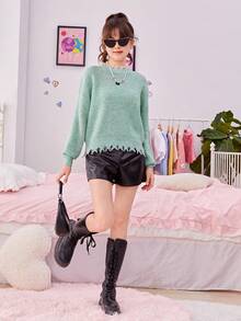 SHEIN Teen Girl Drop Shoulder Distressed Trim Sweater - Mint Green - View 3