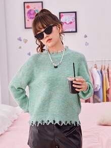 SHEIN Teen Girl Drop Shoulder Distressed Trim Sweater - Mint Green - View 4