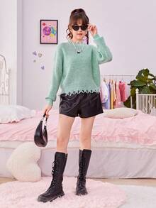 SHEIN Teen Girl Drop Shoulder Distressed Trim Sweater - Mint Green - View 6