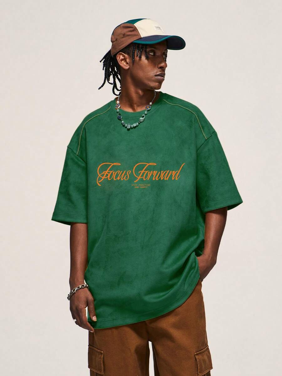 男士標語圖案頂針T恤 - 綠色 - 查看 1