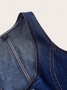 SHEIN EZwear Button Front Crop Denim Vest Without Blouse, Fall Women Clothes - Dark Wash - View 3