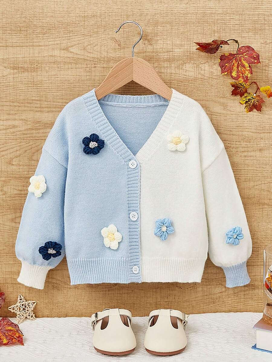 SHEIN 小女孩燈籠袖 V 領開衫，落肩和多色 3d 花朵裝飾 - 淺藍色 - 查看 1