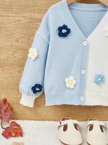 SHEIN 小女孩燈籠袖 V 領開衫，落肩和多色 3d 花朵裝飾 - 淺藍色 - 查看 4