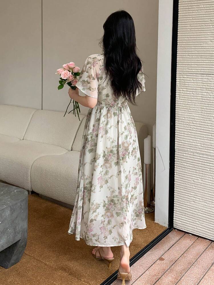 Floral Print Butterfly Sleeve Dress