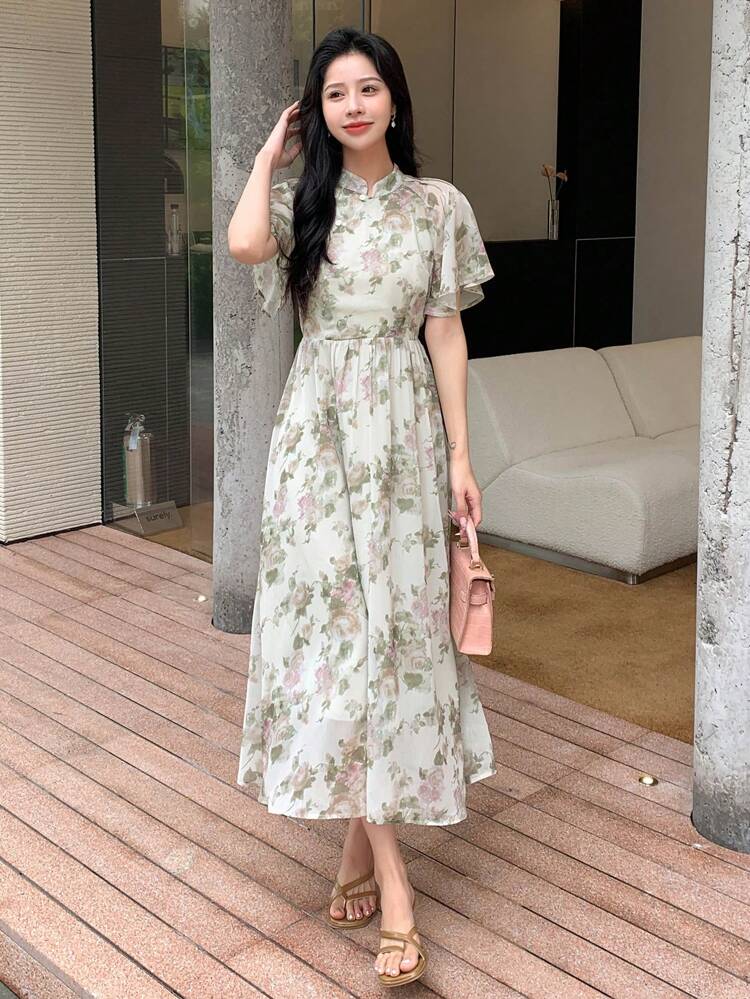 Floral Print Butterfly Sleeve Dress