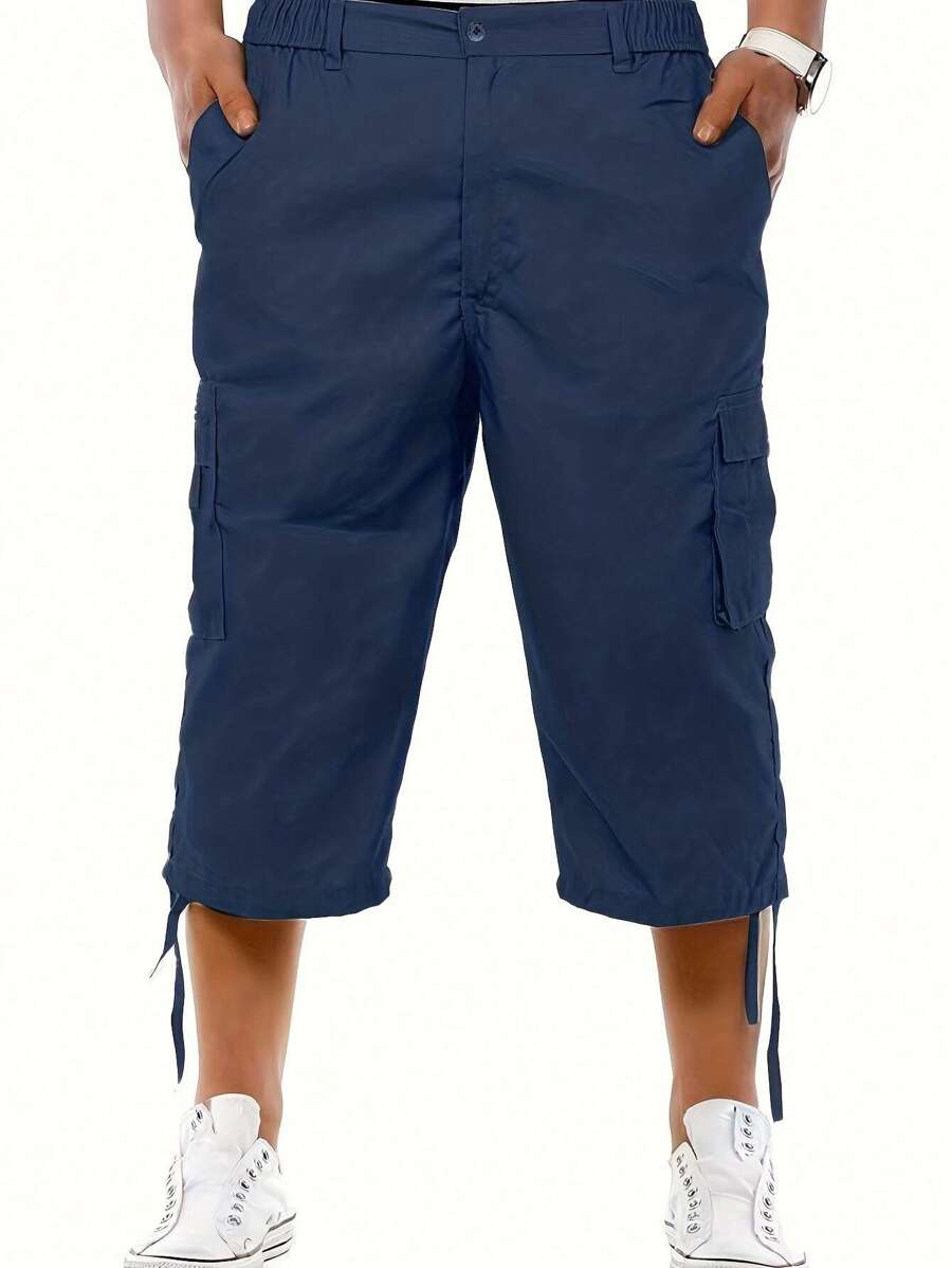 Hombres Pantalones cargo con bolsillo lateral con solapa bajo con cordón - Azul - Ver 1