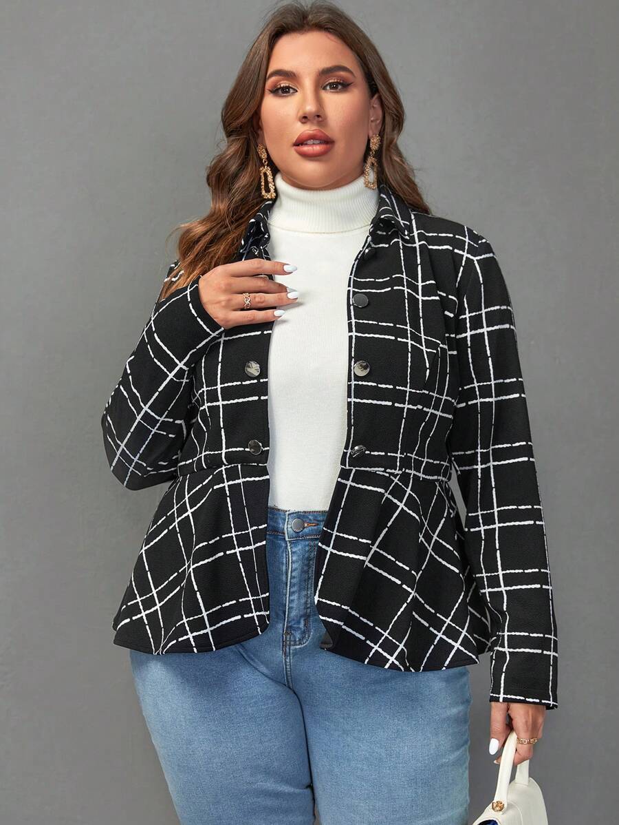 SHEIN Clasi Plus Plaid Print Peplum Jacket - Black and White - View 1