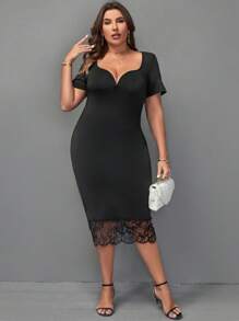 SHEIN Clasi Plus Sweetheart Neck Lace Hem Bodycon Dress - Black - View 3