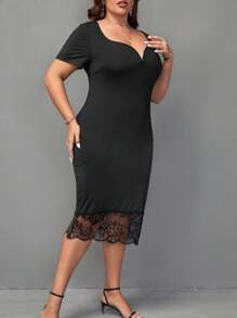 SHEIN Clasi Plus Sweetheart Neck Lace Hem Bodycon Dress - Black - View 4