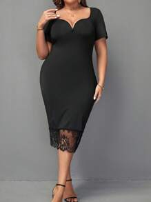 SHEIN Clasi Plus Sweetheart Neck Lace Hem Bodycon Dress - Black - View 5