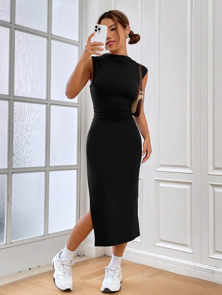 SHEIN EZwear Mùa hè Cái cổ Tách đùi Váy ba lỗ - màu đen - Xem 1
