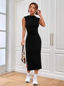 SHEIN EZwear Mùa hè Cái cổ Tách đùi Váy ba lỗ - màu đen - Xem 5